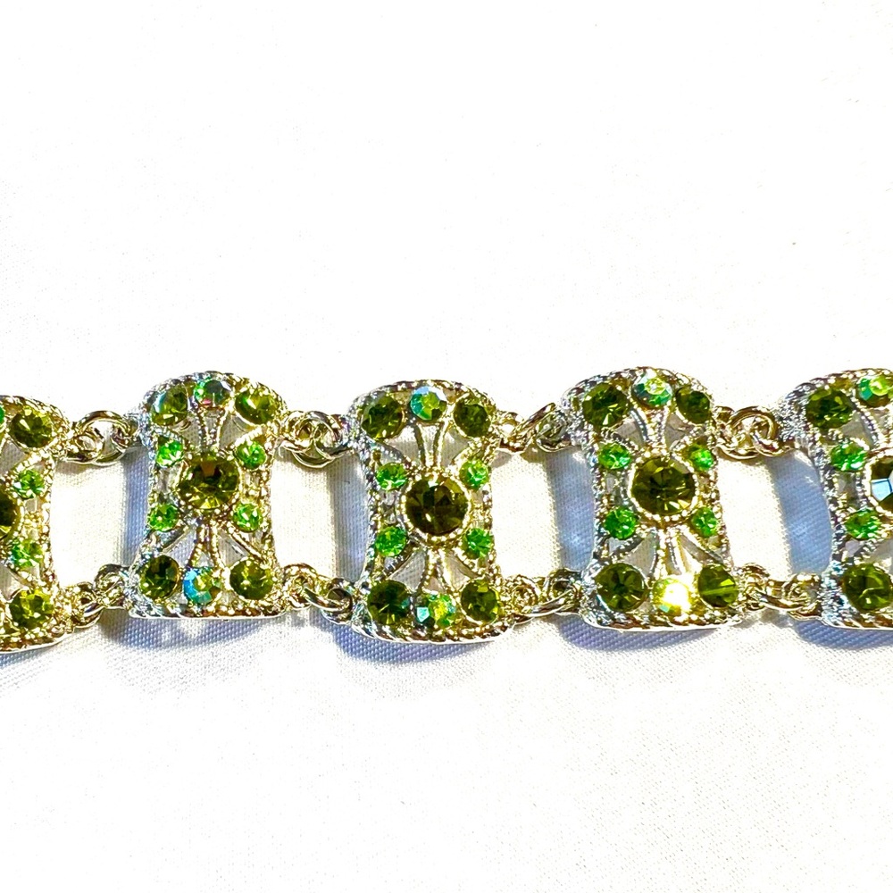 Green Gem Vintage Silver Tone Multi-Row Rhinestone Bracelet with Adjustab…